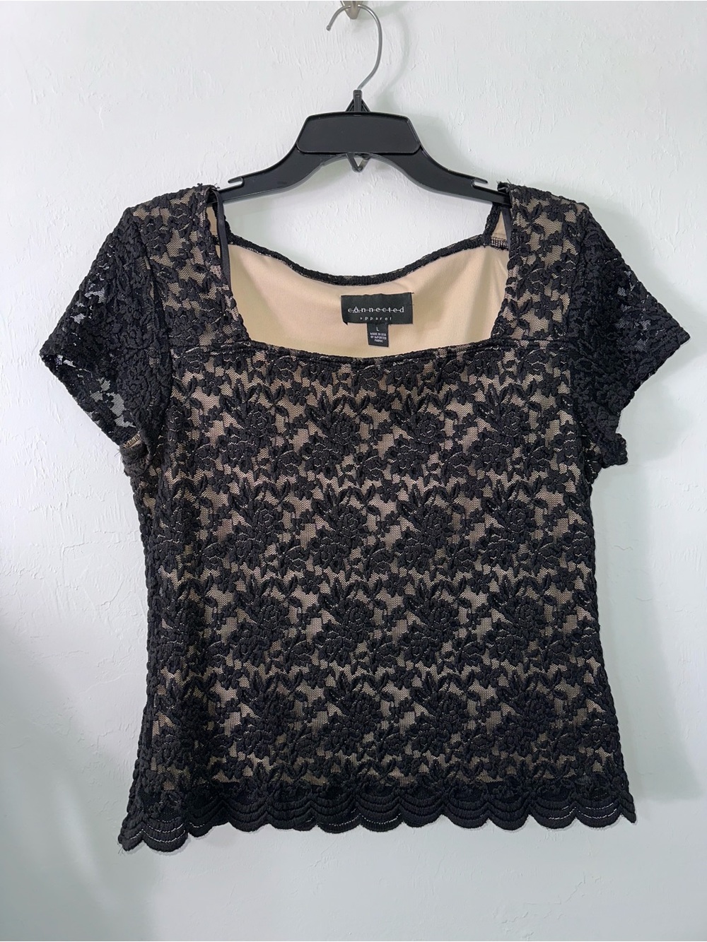 connected apparel Black Lace Overlay Short Sleeve Top with Nude Lining